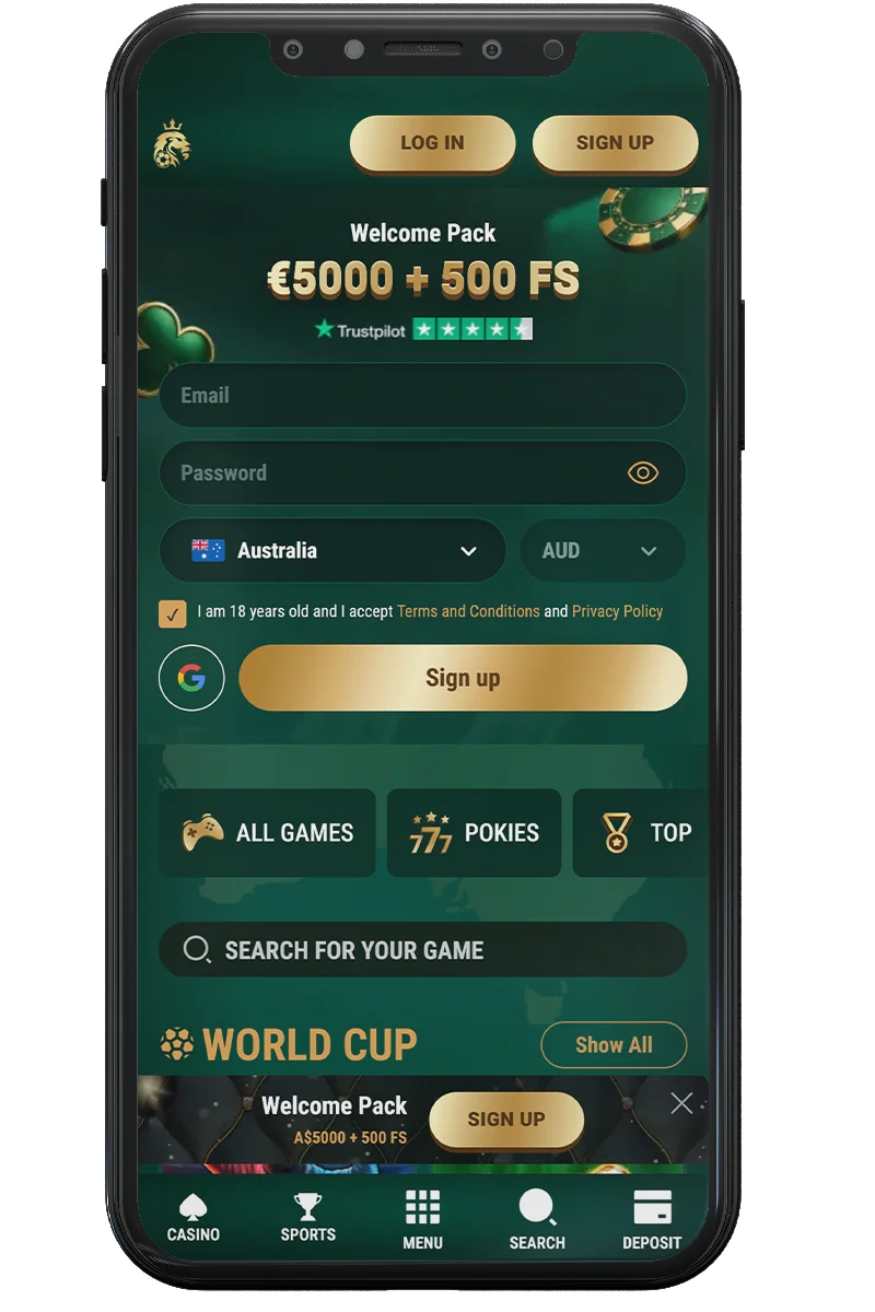 Screenshot of an online casino on a mobile phone