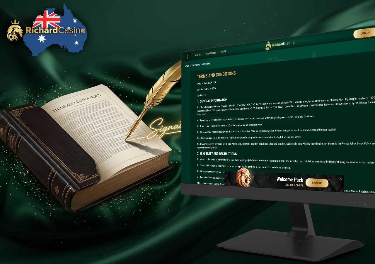 Complete user agreement terms of service and wagering requirements.