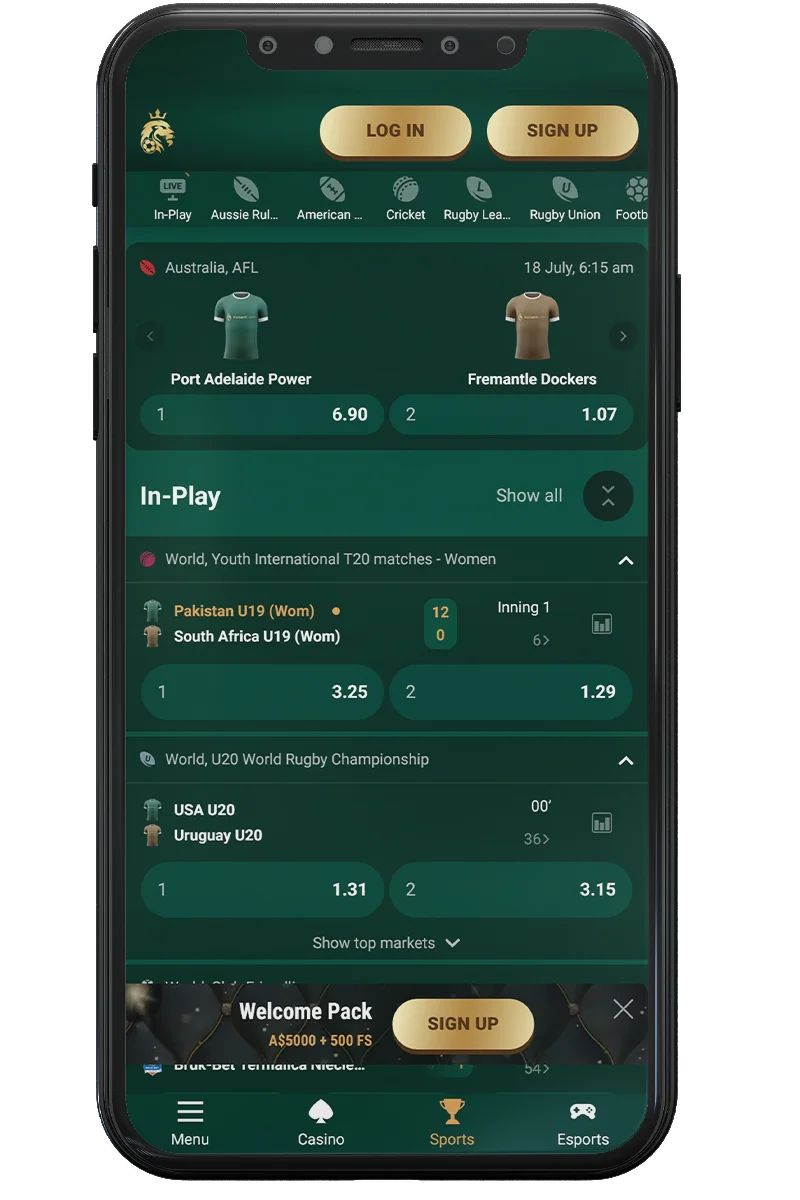 Screenshot of an online casino on a mobile phone