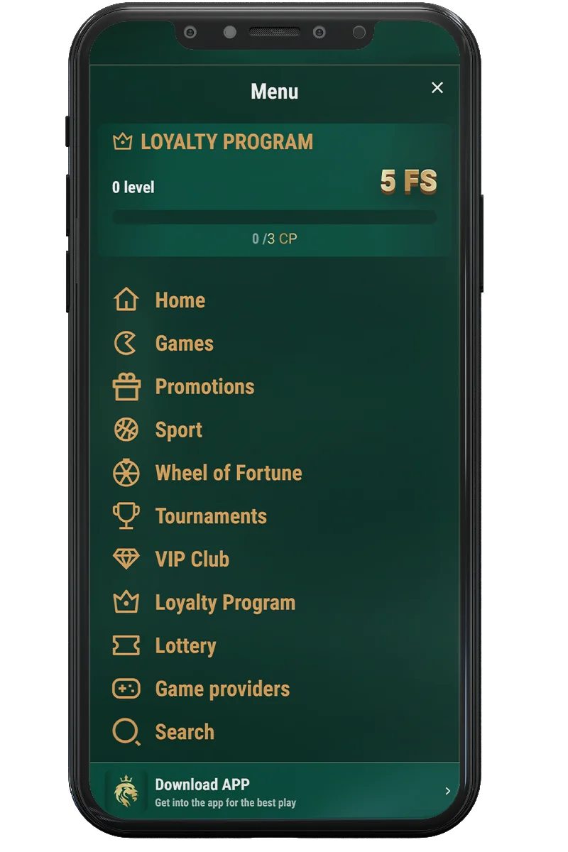 Screenshot of an online casino on a mobile phone